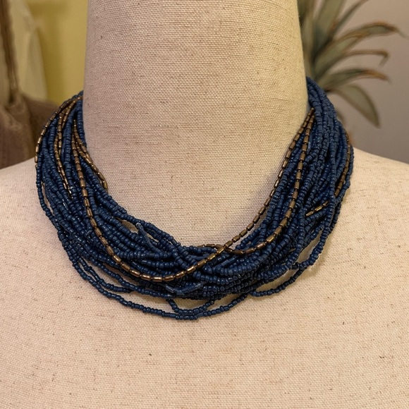 Avenue Blue and Gold Layered Seed Bead Necklace EUC - Picture 7 of 7